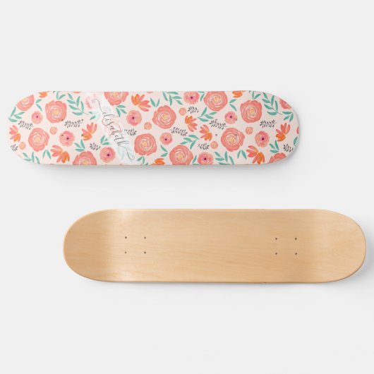 Skateboard Motif d'aquarelle rose corail customisé (Horz)