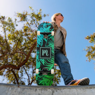 Skateboard Motif de feuille ombré turquoise vert monogramme c