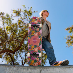 Skateboard Motif de pivoine colorée vintage