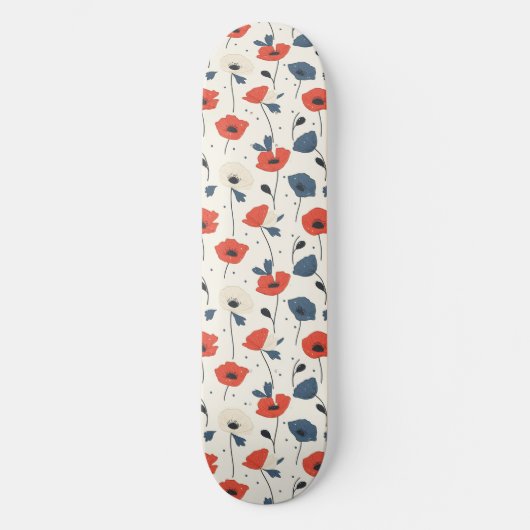 Skateboard Motif de Poppies d'aquarelle - Rouge, Bleu et Blan (Recto)