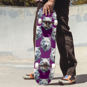 Skateboard Motif de tête de loup blanc design violet