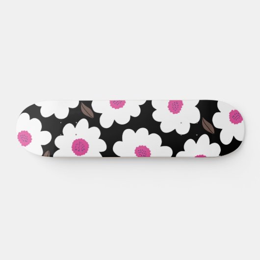Skateboard Motif Fleur rétro en blanc sur noir (Horz)