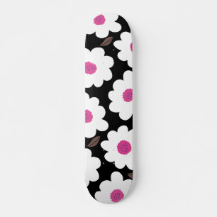 Skateboard Motif Fleur rétro en blanc sur noir