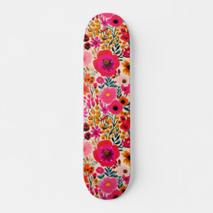 Skateboard Motif Floral Abstrait Coloré Rose Jaune Gras