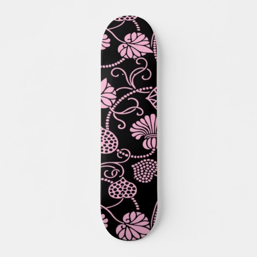 Skateboard Motif floral rétro rose sur noir (Devant)