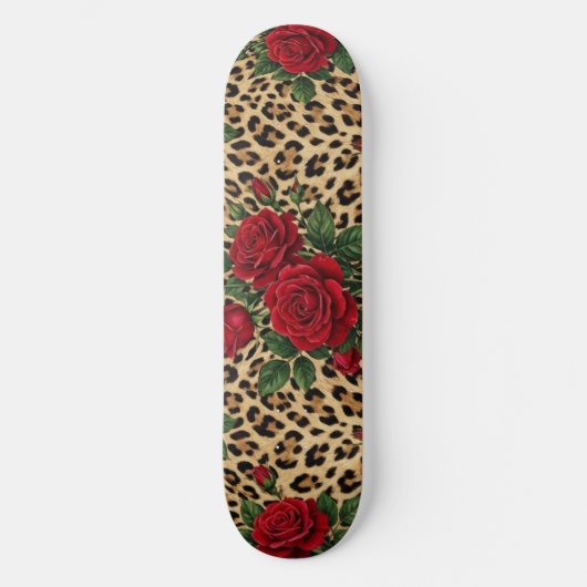 Skateboard Motif imprimé léopard Roses Rouges (Recto)
