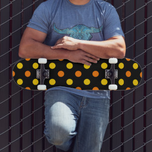 Skateboard Motif Points Orange Jaune Sur Fond Noir