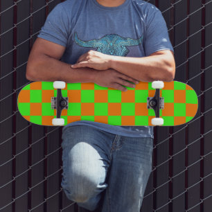 Skateboard Neon Green Orange À damiers Checkerboard Vintage