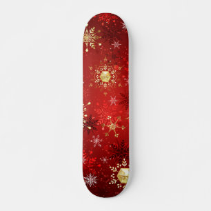 Skateboard Noël Golden Snowflakes sur Arrière - plan rouge