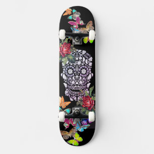 SKATEBOARD NOIR FLEURS ET BUTTERFLIS