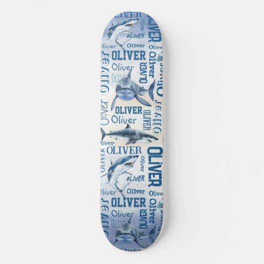 Skateboard Nom de garçon personnalisé avec collage requin (Recto)
