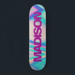 Skateboard Nom de la planche à roulettes personnalisée Rétro<br><div class="desc">Personnalisez facilement ce Skateboard coloré Personnalisé Nom Retro 90 Vaporwave design abstrait avec des teintes arc-en-ciel bleu, rose et jaune et violet violet et cool sans serif police. Ajoutez votre nom, choisissez la police, changez la taille et la position, ajoutez du clipart, des photos et des formes. Simple et beau,...</div>
