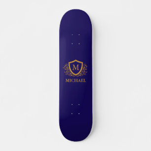 Skateboard Nom du monogramme personnalisé bleu et or de la ma