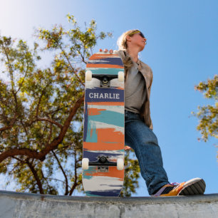 Skateboard Nom personnalisé avec coups de pinceau bleus orang