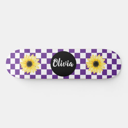 Skateboard Nom personnalisé Checkerboard & Sunflower violet (Horz)