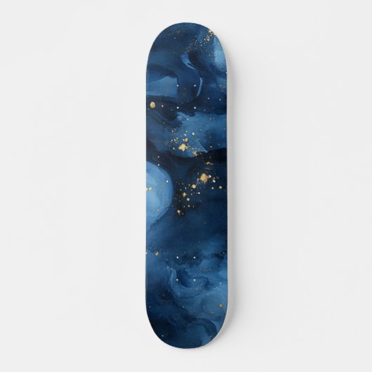 Skateboard Nuit Céleste Abstraite Bleue et Or (Devant)