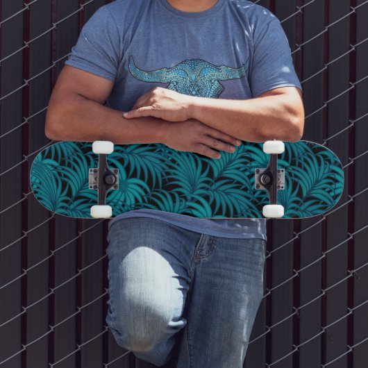 Skateboard Nuit Tropical Turquoise Palm Feuilles (Extérieur 3)
