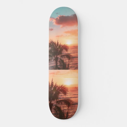 Skateboard Océan Soleil couchant Palmier Arbre nuages orange (Recto)