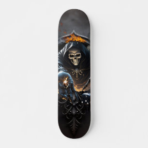 Skateboard Os et magie, squelette avec les dés mystiques.