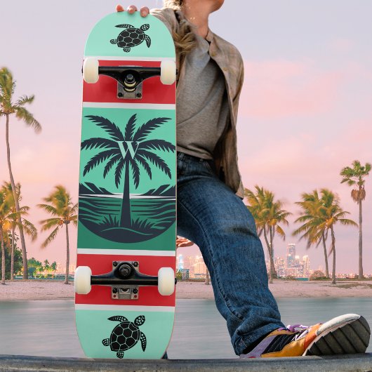 Skateboard Palm Tree Turtle Silhouette Red Green Initial