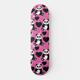 Skateboard Panda Bear Animal Lover Black Hearts Rose Glitter