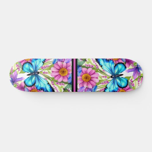 Skateboard Papillon bleu dans un champ de fleurs (Horz)