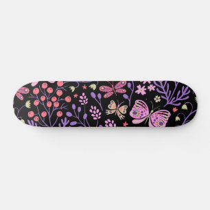 Skateboard Papillon coloré et Fleurs Rose mignon