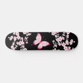 Skateboard Papillon Noir Rose Et Fleurs De Cerisiers (Horz)