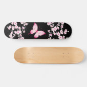 Skateboard Papillon Noir Rose Et Fleurs De Cerisiers (Horz)