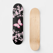 Skateboard Papillon Noir Rose Et Fleurs De Cerisiers (Recto)