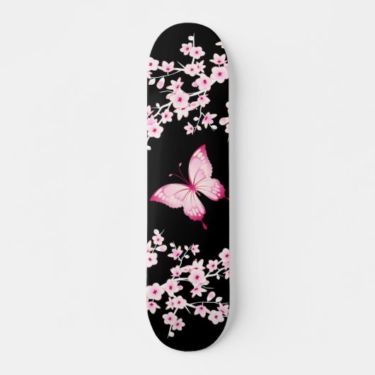 Skateboard Papillon Noir Rose Et Fleurs De Cerisiers (Devant)