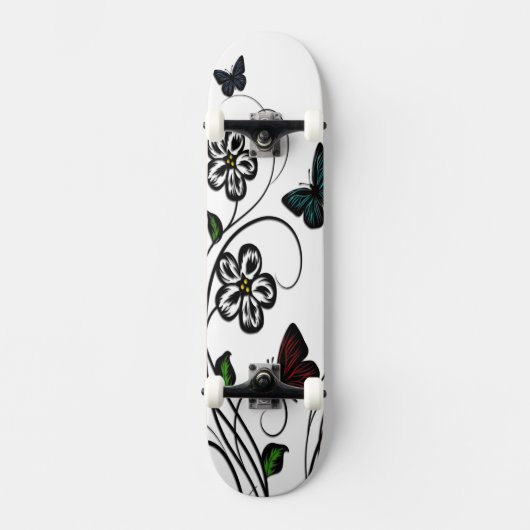 Skateboard Papillons Colorés sur des Fleurs Blanches (Recto)