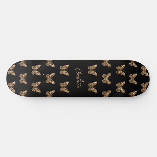 Skateboard Papillons en or noir motif script de nom (Horz)