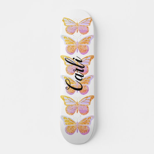 Skateboard Papillons étincelants en or pourpre Personnalisé (Devant)