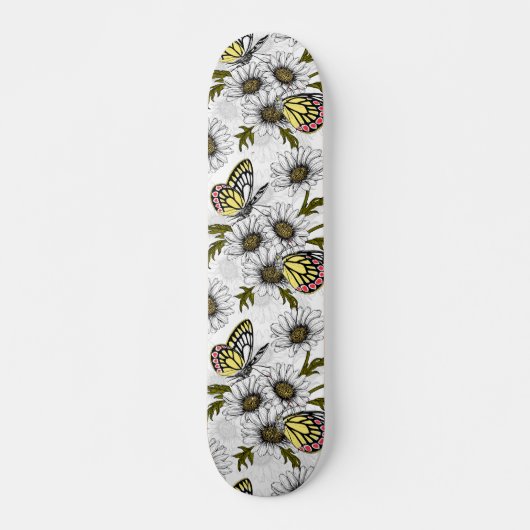 Skateboard Papillons Jézabel et fleurs marguerites sur blanc (Devant)