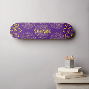 Skateboard Patinage Mandala jaune et violet profond