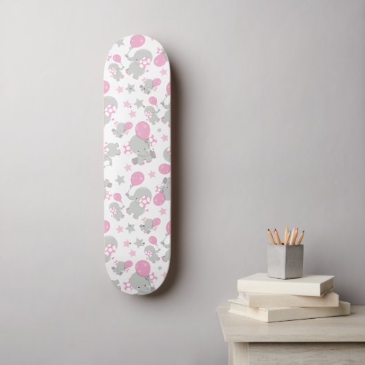 Skateboard Pattern of Elephants, Cute Elephants - Pink Gray (Art mural)