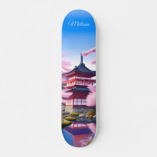 Skateboard Paysage Japonais Fleurs De Cerisiers Et Temple