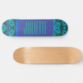 SKATEBOARD PEACOCK FEATHER MOTIF TURQUOISE VERT BLEU AVEC NOM (Horz)