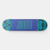 SKATEBOARD PEACOCK FEATHER MOTIF TURQUOISE VERT BLEU AVEC NOM (Horz)