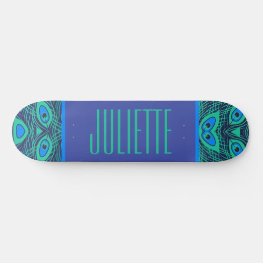 SKATEBOARD PEACOCK FEATHER MOTIF TURQUOISE VERT BLEU AVEC NOM (Horz)