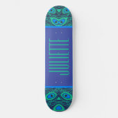 SKATEBOARD PEACOCK FEATHER MOTIF TURQUOISE VERT BLEU AVEC NOM (Recto)