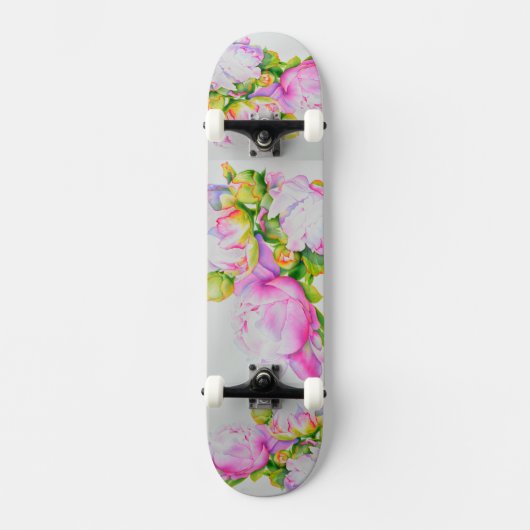 Skateboard Peonis, rose, blanc, aquarelle florale (Recto)