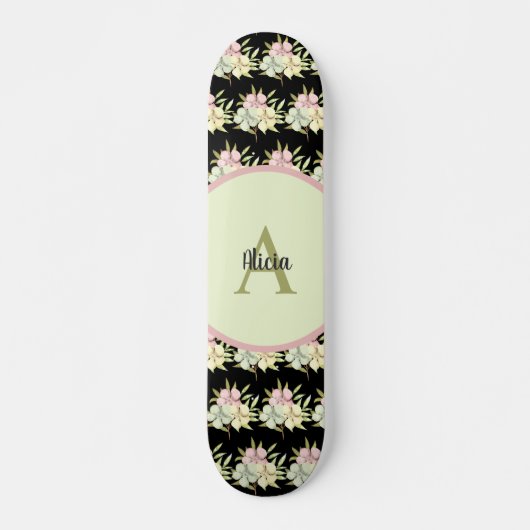 Skateboard Personalized Black Girly Floral Personalized (Devant)