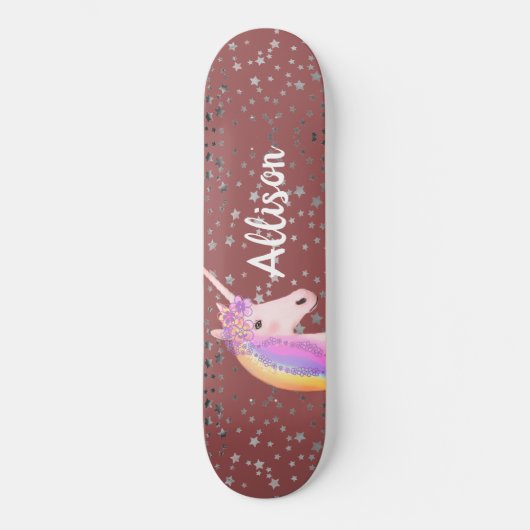 Skateboard Personnalisation de l'Unicorn Rose Rose Girls Rain (Recto)