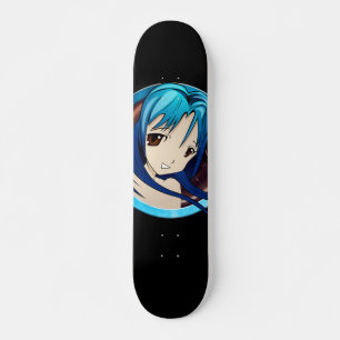 Skateboard Petite fille manga, cheveux turquoises, yeux brun