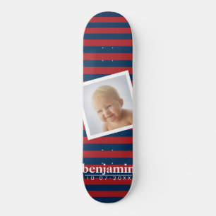 Skateboard Photo et Motif rayé bleu rouge - Nom