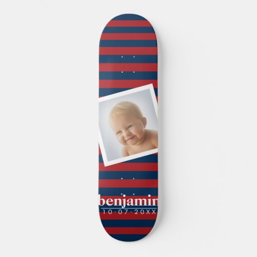 Skateboard Photo et Motif rayé bleu rouge - Nom (Recto)