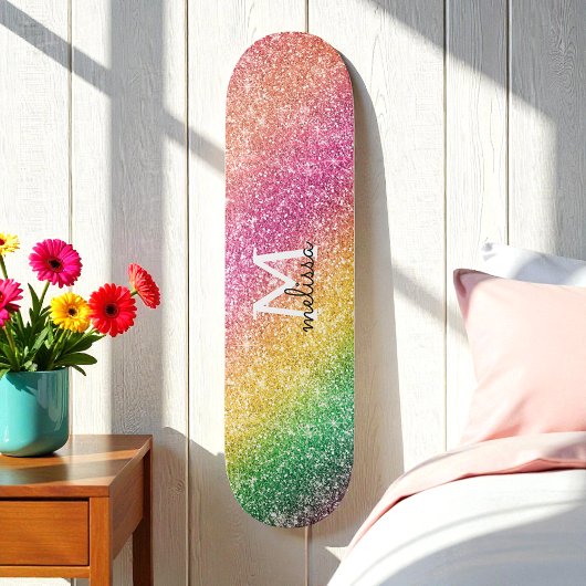 Skateboard Pink Yellow Green Glitter Rainbow Monogram