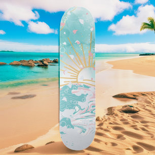 Skateboard Plage turquoise et rose Vagues côtières Femme Débu